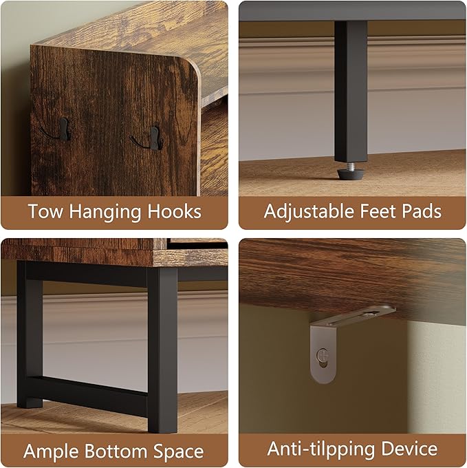 Shoe Cabinet with 4 Flip Drawers, Freestanding Hidden Shoe Storage Organizer for Entryway, Narrow Slim Shoe Rack Cabinet with Open Storage & Hooks for Front Door Entrance, Living Room, Hallway, Brown