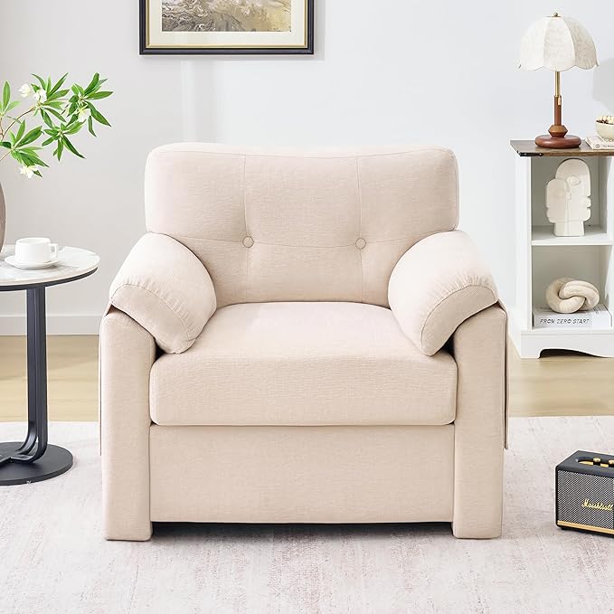 Howjoe Chenille Oversized Armchair, 37.8" Wide Accent Chairs for Living Room & Bedroom Modern Lounge Chair, Upholstered Mid-Century Reading Chair with Arm Pocket, Comfy Living Room Chair, Beige
