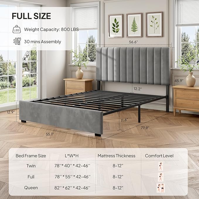 Welzona Bed Frame Full Size with Headboard, Velvet Upholstered Metal Platform Bed for Kids with Vertical Channel Tufted Headboard, 3-Level Height, Metal Slat Support, Noise-Free Easy Assembly, Grey