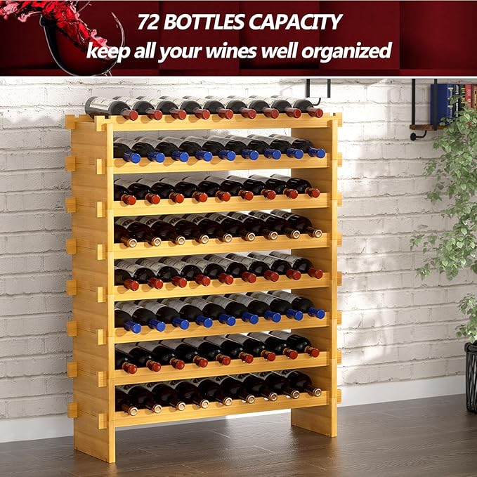 Bamboo Wine Rack Stackable, 8-Tier 72 Bottles Large Capacity, Modular Wine Storage Rack Free Standing, Floor Wine Display Shelf