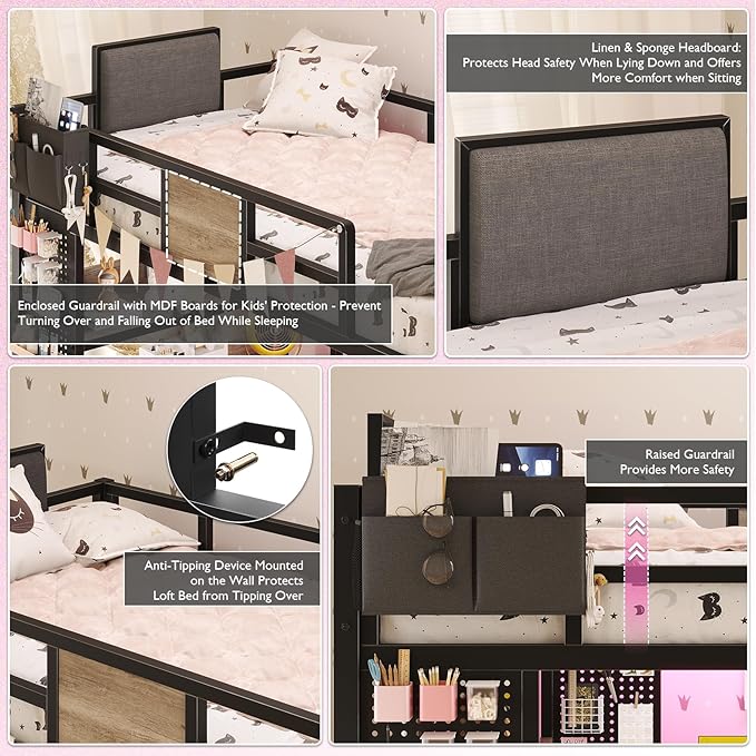 BYSAUD Twin Loft Bed with Desk and Storage, Metal Bunk Bed with 5 Drawers and 2 Pegboards, Heavy Duty Loft Bed Twin Size with LED Lights and Charging Station for Teens Adults, Noise Free, Gray