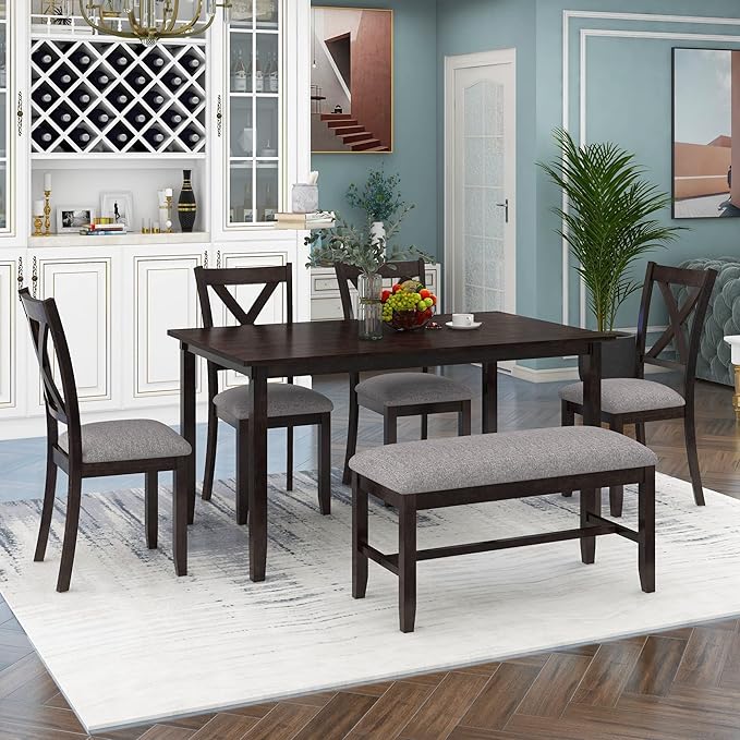 Harper & Bright Designs 6 Piece Kitchen Dining Table Set Wooden Rectangular Dining Table Set for 6, 4 Fabric Chairs and Bench Family Furniture (Espresso)