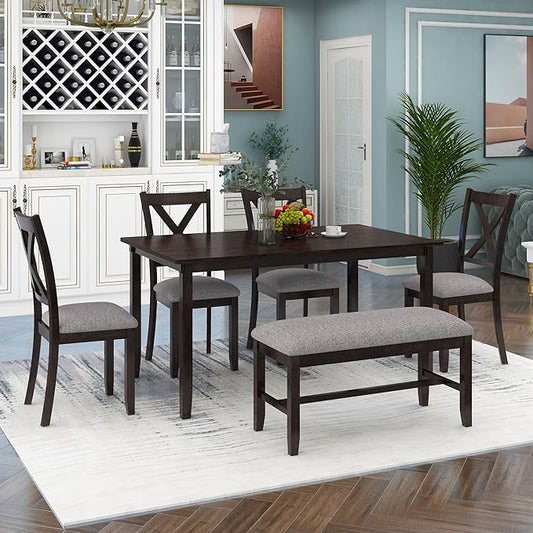 Merax 6-Piece Wooden Kitchen Dining Table Set with 4 Fabric Chairs and Bench, Family Furniture, Espresso