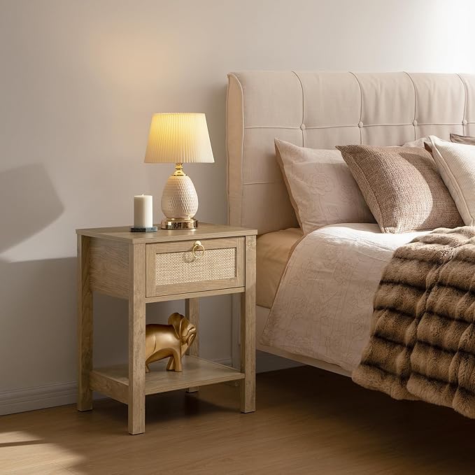 SICOTAS Rattan Nightstand,Rattan Decor Drawer with Brass Knobs Night Stand Bedside Table Boho End Tables Side Tables with Storage Shelf for Bedroom,Small Space