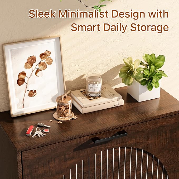 Farmhouse Shoe Cabinet Storage for Entryway, Slim Shoe Rack Cabinet with 2 Flip Drawers, Narrow Shoe Organizer Cabinet with Stylish Round Panel, Metal Leg and Handle
