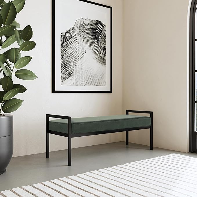 HomePop Modern Velvet Metal Bench| Modern Bench with Metal Leg | Bench for Living Room & Bedroom | Decorative Home Furniture - Loden Green Velvet