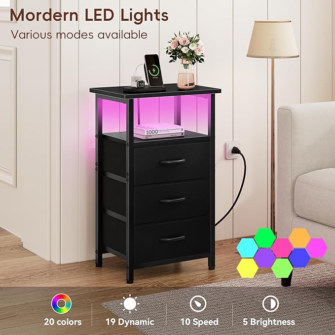 Vagusicc Night Stand with Charging Station, LED Nightstand for Bedroom, Bedside Table with 3 Fabric Drawers, End Table Side Table with USB Ports and Outlets, Bed Side Table for Bedroom, Black