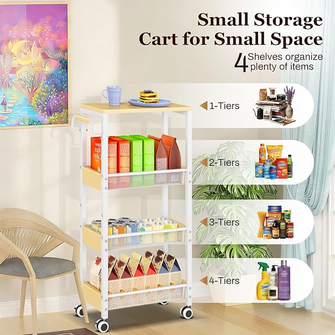 Utility Slim Storage Cart with Wheels, 4 Tier Slim Rolling Cart, Slim Rolling cart for Kitchen,Small Rolling Cart with Wood Top, Skinny Metal Organization Trolley Laundry with Handle for Small Space