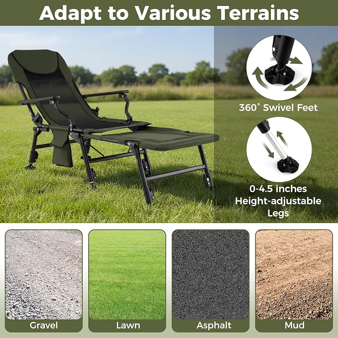 Goplus Foldable Fishing Chair for Adults, 2 Pack Heavy Duty All-Terrain Camping Chair with Detachable Footrest, Padded High-Back, Adjustable Feet, Portable Recliner for Outdoor Patio Beach