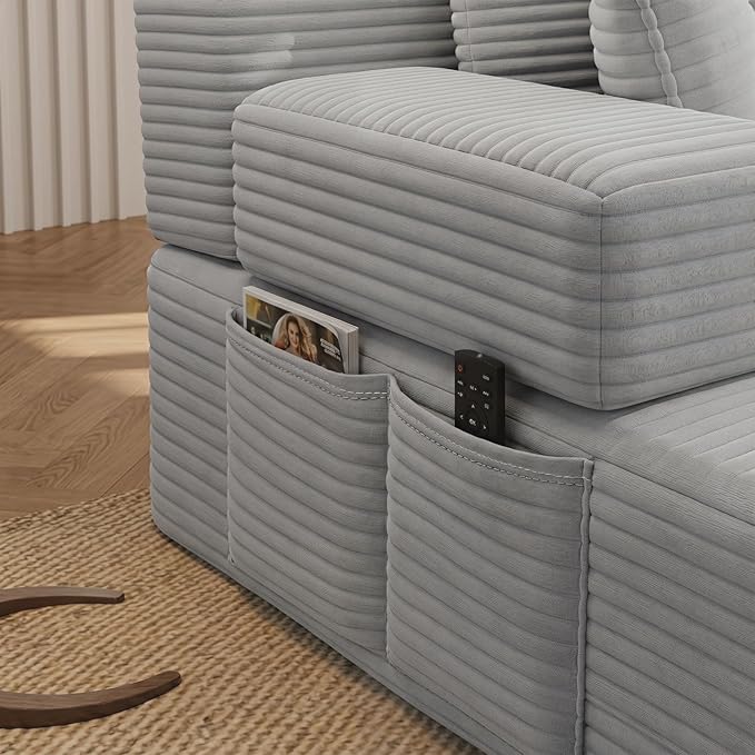 Oversized Boneless Chaise Sofa Bed, Corduroy Chaise Lounge Chair Indoor with Storage Pockets, Upholstered Cloud Sleeper Chair Bed for Small Space, Living Room, Bedroom, Apartment, Light Grey