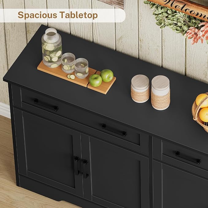 usikey Buffet Cabinet with Storage and Drawers, 55" Large Sideboard Buffet Cabinet with Adjustable Shelves and Doors, Modern Coffee Bar for Kitchen, Living Room, Black