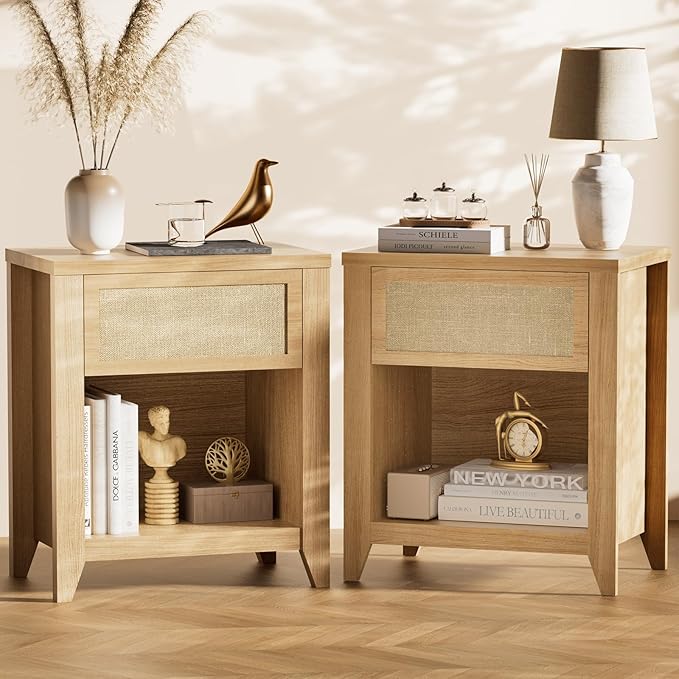 Boho Nightstands Set of 2, Farmhouse Night Stand Bedside Table with Drawer and Storage Shelf Rattan End Tables Side Tables for Bedroom Sofa Couch Office,Small Space, Oak