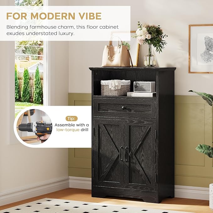 Floor Cabinet, Farmhouse Storage Cabinet with Barn Doors and Drawer, Freestanding Adjustable Shelf Organizer for Bathroom, Kitchen, Living Room Black