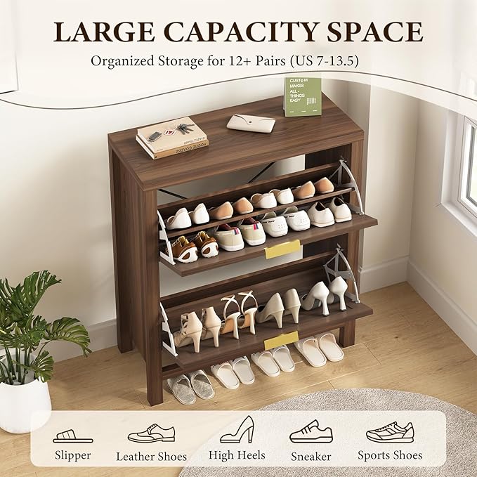 YOMILUVE Shoe Storage Cabinet for Entryway, Fluted Shoe Cabinet with 2 Flip Drawers, Hidden Shoe Rack Slim Freestanding Shoe Organizer with Legs for Hallway, Walnut