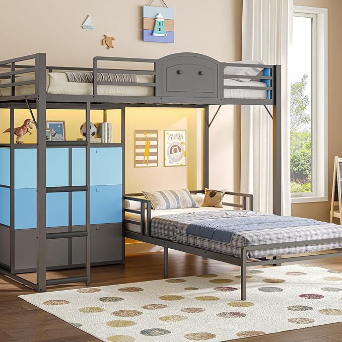 AOGLLATI Bunk Bed Twin Over Twin with 6 Storage Drawers for Kids Teens,Metal Led Loft Bed with Bedside Storage,Safety Guardrails for Small Space, No Box Spring Needed, Grey