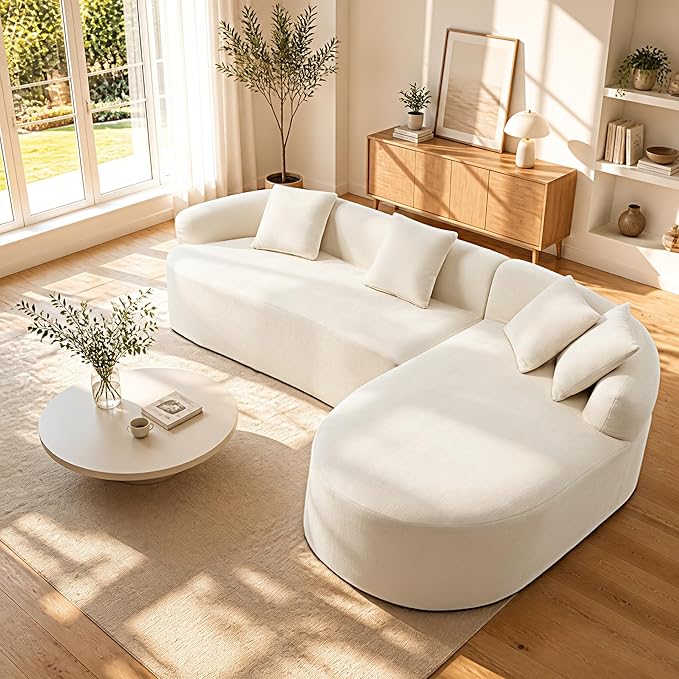 99" Curved Sectional Sofa with Chaise, Modern Boneless Couch with Deep Seat, L Shaped 3-Seater Cloud Couch for Living Room, No Assembly Needed, Chenille (Beige, Right Chaise+Left Sofa)