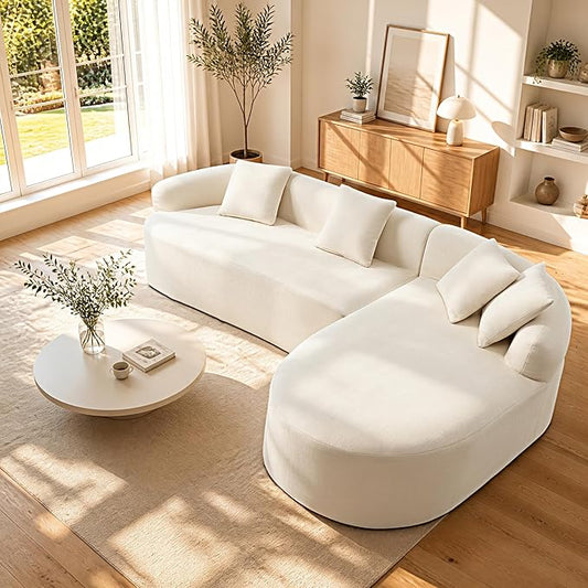 99" Curved Sectional Sofa with Chaise, Modern Boneless Couch with Deep Seat, L Shaped 3-Seater Cloud Couch for Living Room, No Assembly Needed, Chenille (Beige, Right Chaise+Left Sofa)