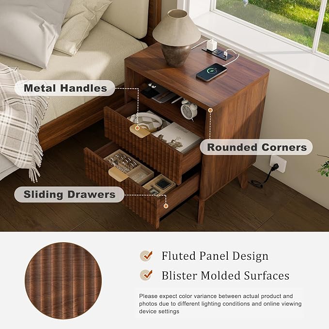 LYNCOHOME Fluted Nightstand with Charging Station, 19.7 inch Wide End Table with 2 Drawers, Modern Wood Bedside Table for Bedroom, Night Stand Set of 2，Walnut