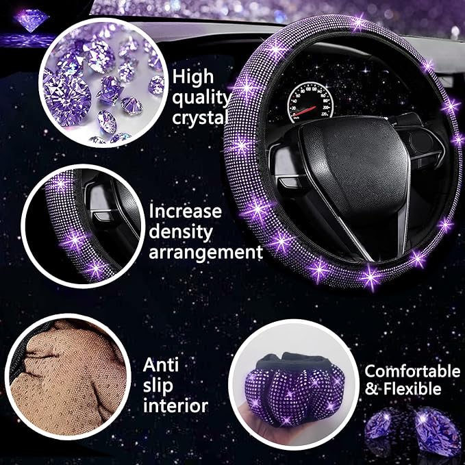 NBTEPEM 27 PCs Purple Violet Bling Car Accessories Set for Women, Steering Wheel Covers Universal Fit 15 Inch, Bling License Plate Frame, Bling Phone Holder, Bling Car Coasters
