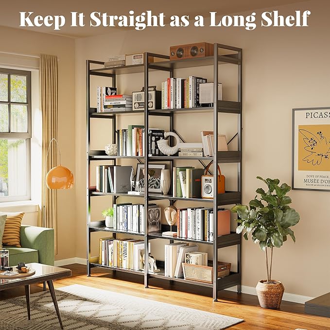 Huuger 6 Tier Bookshelf, Display Bookshelf with 12 Open Shelves and Raised Baffle, 47.2 Inch Straight Wide Bookcase with Metal Frame and Wooden Board, Adjustable Feet, Black, 1BC010B