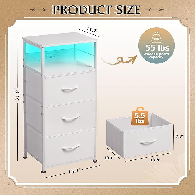 WLIVE Nightstand with Charging Station, 31.9" H Nightstand with 3 Fabric Drawers, LED Bedside Table with USB Ports and Outlets, End Table for Dorm, Bedroom, Entryway, White