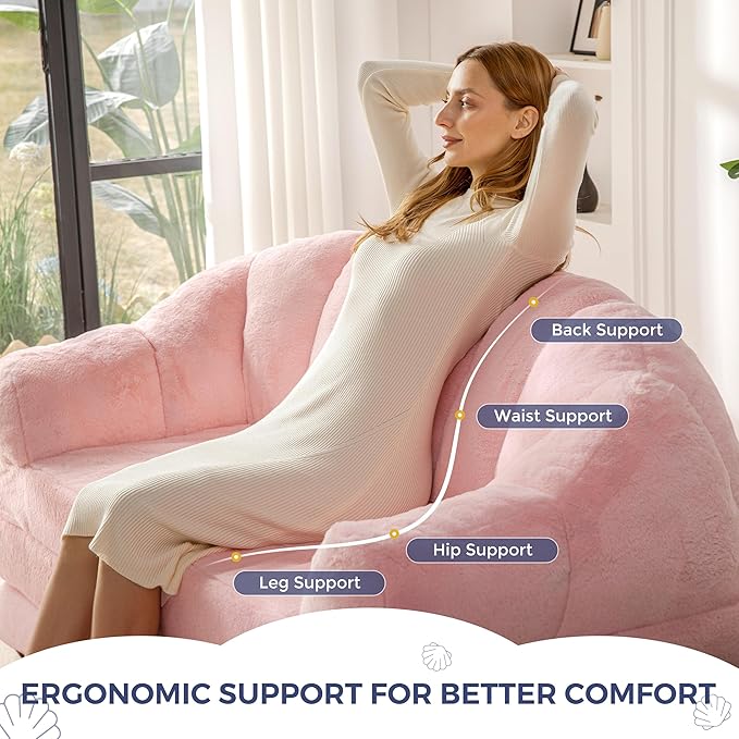 MAXYOYO Folding Sofa Bed, 2 in 1 Convertible Sofa to Lounger Comfy Loveseat Bean Bag Chair for Adults, Floor Sleeper Couch with Handle, Faux Fur Couch Bed for Living Room Bedroom, Pink, Loveseat