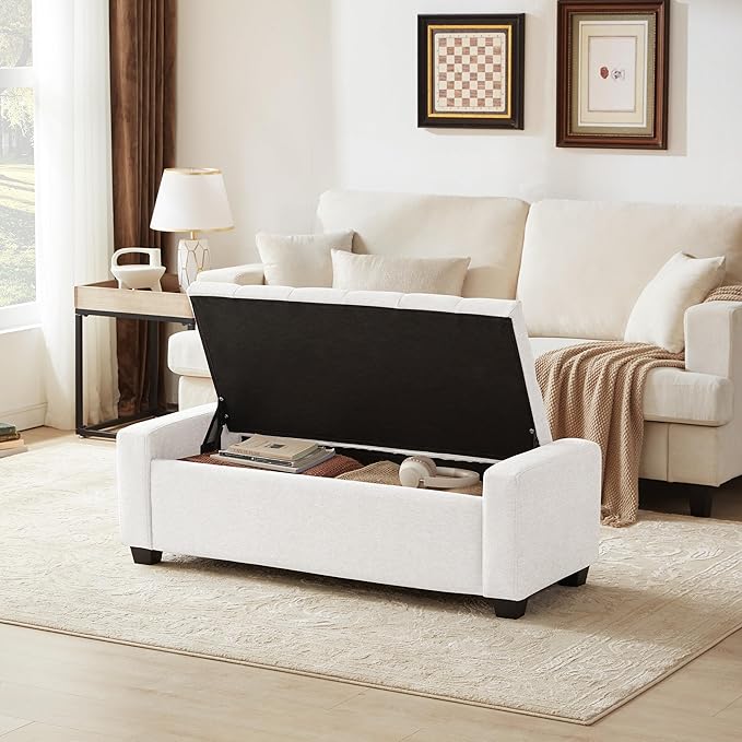 Huatean Home 48" Ottoman with Storage, White Storage Ottoman Bench with Safety Hinge, Upholstered Entryway Bench with Seating for Bedroom, Living Room, Holds up to 330 lb
