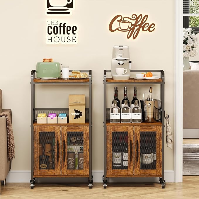Hencawima Small Coffee Bar Cabinet with Storage, 3-Tier Rolling Coffee Bar Table, Farmhouse Coffee Cart Station with 2 Doors for Living Room, Dining Room, Rustic Brown