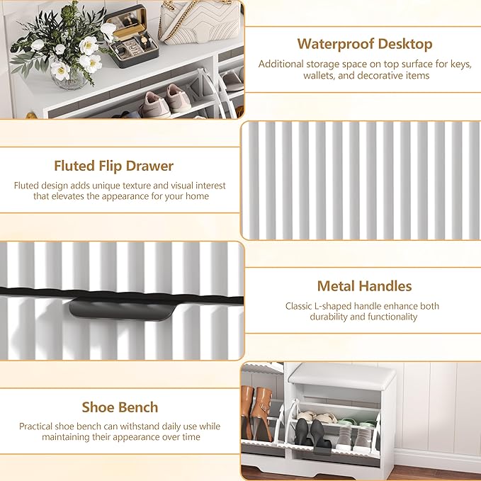HUANLEGO Shoe Cabinet Storage for Entryway with 4 Flip Drawers, White Fluted Shoe Cabinet with Bench, Wooden Hidden Shoe Rack Freestanding Narrow Slim Shoes Storage Organizer for Hallway, Entrance