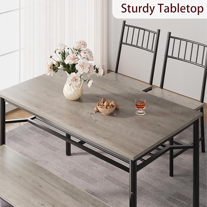 Garvee Dining Table Set for 4 with Bench and Chairs, 4-Piece Kitchen Table Set with Storage – Space-Saving Dining Table for Apartments and Dining Rooms, Gray