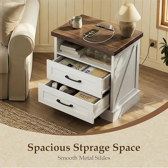 AODK 24 Inch Farmhouse Nightstand Set of 2, Bedside Tables with Charging Station, Wood End Tables with 2 Drawers and Open Shelf, Rustic Bed Side Table for Bedroom & Living Room, White & Dark Walnut