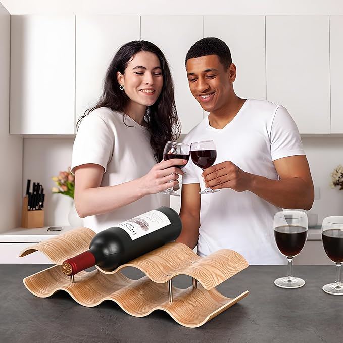 Countertop Wine Rack - 7 Bottle Freestanding Wine Bottle Holder Stand - 2 Tier Wooden Wine Storage Rack - Wavy Wine Organizer for Cabinet Pantry Home Kitchen Bar