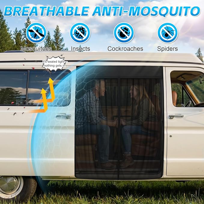 Magnetic Van Screen for Ford Econoline/Ford E-Series E-150 E-250 E-350 E450 1992-2005 - Mosquito Net with Zipper for Sliding Door - 60" H x 57" W
