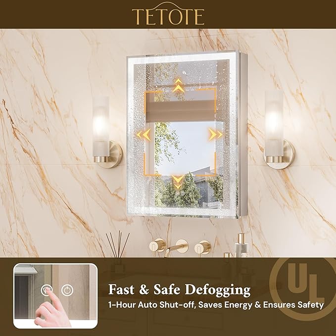 TETOTE 36 x 32 Medicine Cabinet with Lights, Adjustable Shelves, Silver Aluminum Cabinet, Anti-Fog Stepless Dimmable 3 Colors White/Warm/Natural, Easy to Install(Wall Mount/Recessed)