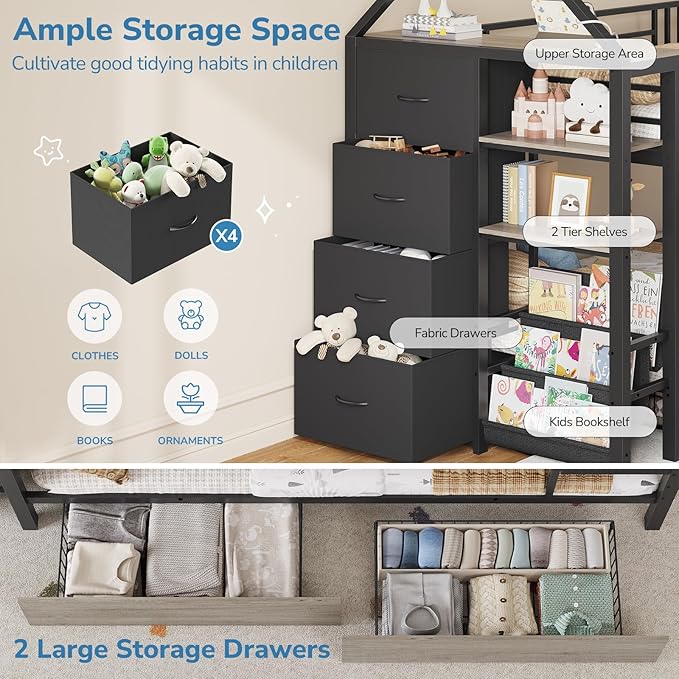 Twin Bunk Bed for Kids with 6 Storage Drawers, Montessori Bookshelf, House Shaped Bed with Globe String Lights and USB Ports, Metal Low Bunk Bed Twin Over Twin with Safety Guardrail and Ladder, Black