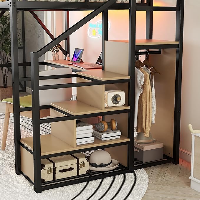 KEIKI Full Size Metal Loft Bed Frame with Desk, Staircase, Built-in Storage Shelves and Wardrobe, Modern Loft Bed with Solid Slats, Guardrail, No Box Spring Required, Easy Assembly, for Bedroom, Black