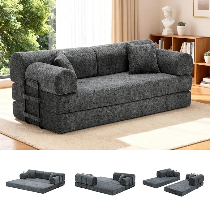 78.8" Convertible Sofa Bed with Detachable Arm Pillow, 6-in-1 Sectional Couches for Living Room, Corduroy Boneless Couch, Sleeper Loveseat Couch Bed, No Assembly, Speckled Black Couch