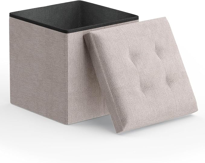 Magshion Folding Storage Ottoman Cube, 15 Inches Small Foot Rest Stool, Square Ottoman with Storage for Bedroom, Living Room, Dorm, Beige