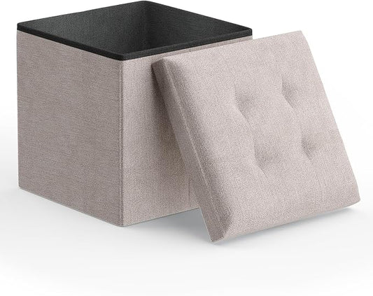 Magshion Folding Storage Ottoman Cube, 15 Inches Small Foot Rest Stool, Square Ottoman with Storage for Bedroom, Living Room, Dorm, Beige
