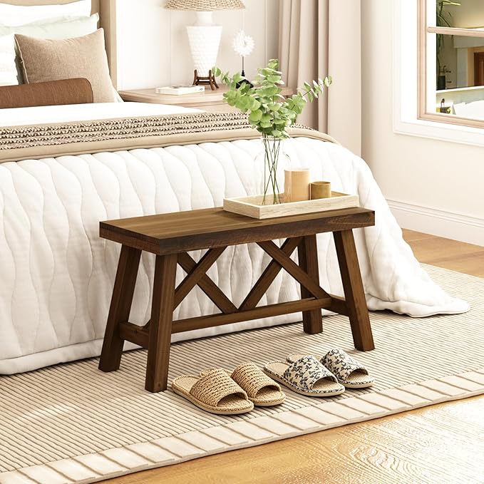 Wnutrees 30" Farmhouse Wood Bench, Rustic Solid Wood Entryway Bench Seat with Double X-Structure for Dining Area Living Room Hallway, Structural Stability, Natural
