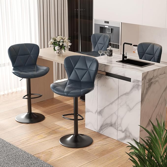 Nalupatio Modern Bar Stools Set of 4, Adjustable Faux Leather Upholstered Swivel Bar Stools, Counter Height Bar Chairs with Back for Kitchen Island, Dark Blue
