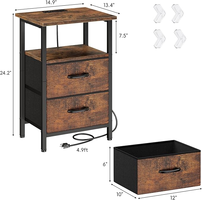 Vagusicc Nightstand Set of 2, Rustic Brown, with Charging Station and USB Ports, Bedside Table with 2 Fabric Drawers, 24.2" Tall Side Table with Storage Shelf,Small Night Stand for Bedroom/Living Room