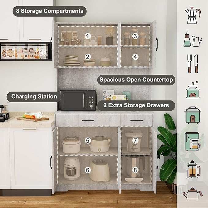 71" Kitchen Pantry Cabinet with Charging Station, Pantry Storage Cabinet Large Kitchen Hutch with Microwave Stand, Coffee Bar Station with Doors and Adjustable Shelves for Kitchen, Grey