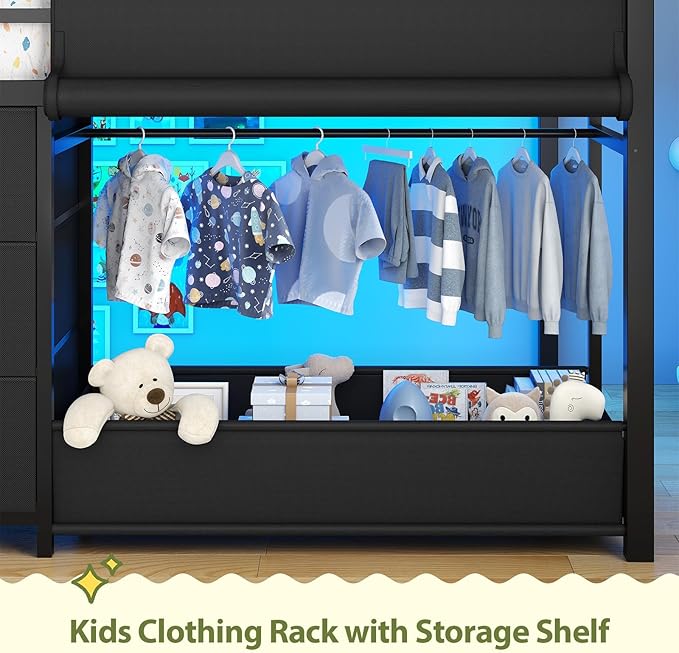 UPOSOJA Twin - Low Loft Bed with Kids Clothing Rack, Kids Loft Bed, Loft Bed with Tent, Toy Storage Box, Safety Guardrail, LED Light, Under-Hide and Seek Bed Play Space (Black)