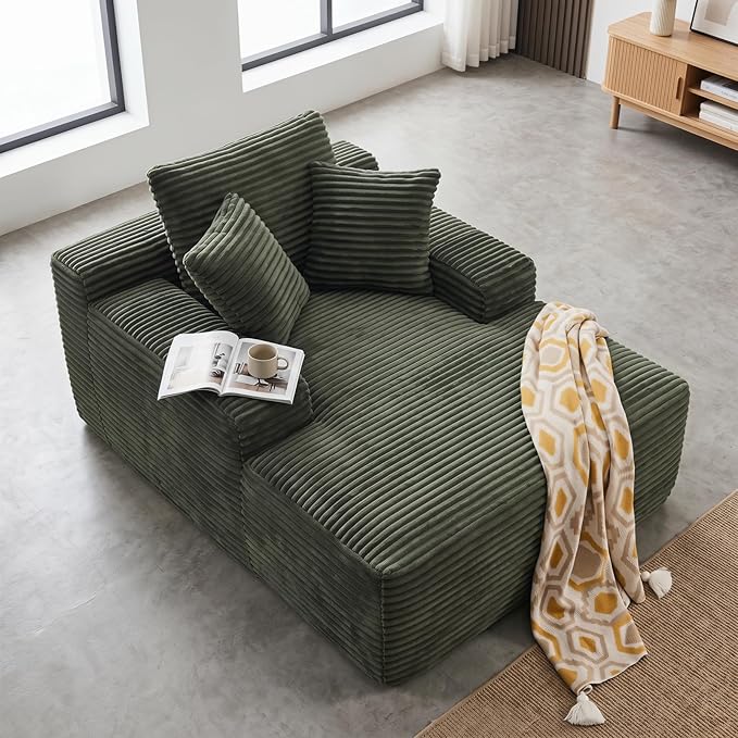Oversized Boneless Chaise Sofa Bed, Corduroy Chaise Lounge Chair Indoor with Storage Pockets, Upholstered Cloud Sleeper Chair Bed for Small Space, Living Room, Bedroom, Apartment,Green