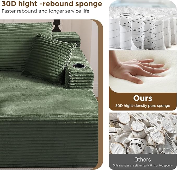133" Oversized Cloud Boneless Sofa Couch with Chaise, Modern Corduroy U Shaped Modular Sectional Sofa with Deep Seat, Comfy Couch with Cupholders and Storage, No Assembly Required-Green