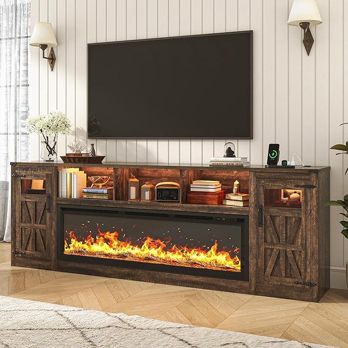 Fireplace TV Stand for 100 Inch TV, 95" Farmhouse Entertainment Center with 60" Electric Fireplace & LED Lights, Large Media Console for Living Room, Rustic Barn Doors, Power Outlets, Rustic Brown