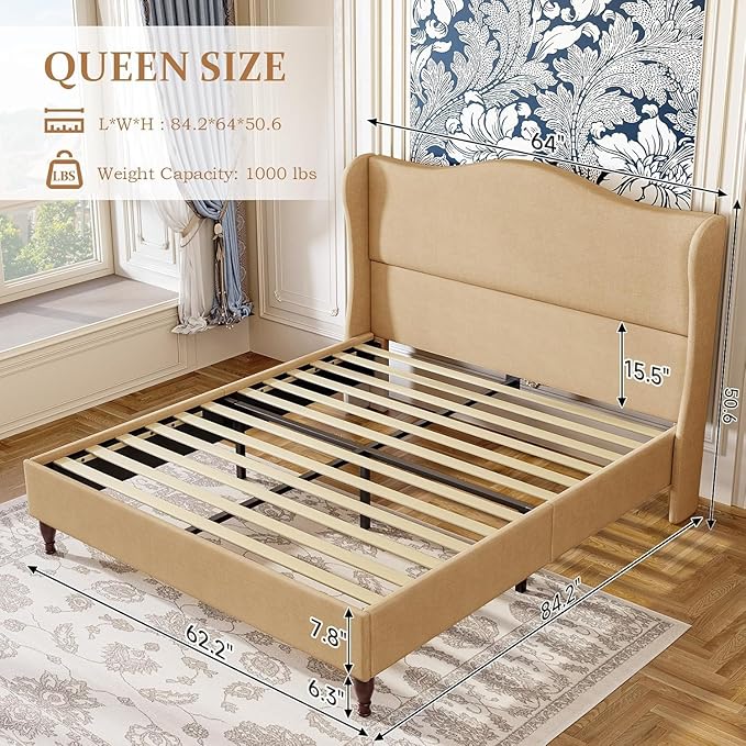koorlian Queen Size Bed Frame Upholstered Platform Bed with 51'' Tall Fabric Headboard and Wooden Slats Support, Retro Minimalist Style/Fully Upholstered/Easy Assembly, Warm Brown