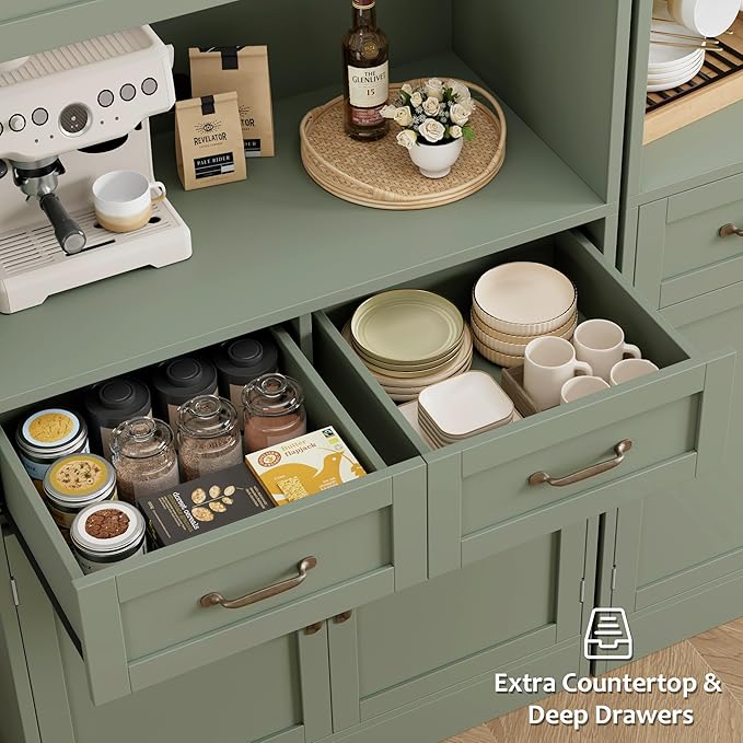 HOSTACK 71“ Tall Kitchen Pantry Storage Cabinet, Modern Kitchen Hutch Bar Cabinet with Microwave Stand, Wood Buffet Sideboard with Hutch, Cupboard with Drawers, Shelves for Dining Room, Green