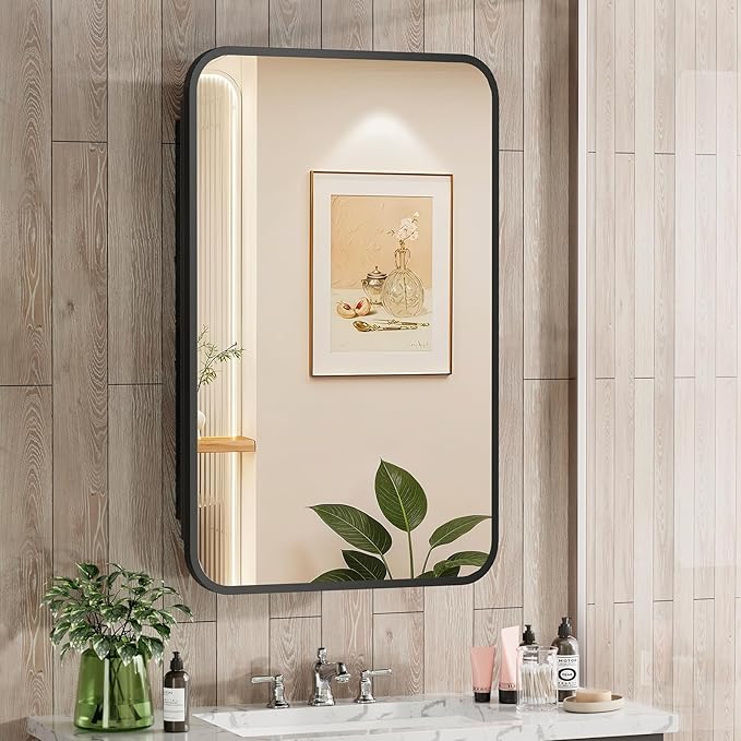 ACEMIRO 16x24 Inch Black Mirror Medicine Cabinet Metal Framed Recessed Wall Mounted Bathroom Medicine Cabinet with Mirror and Storage